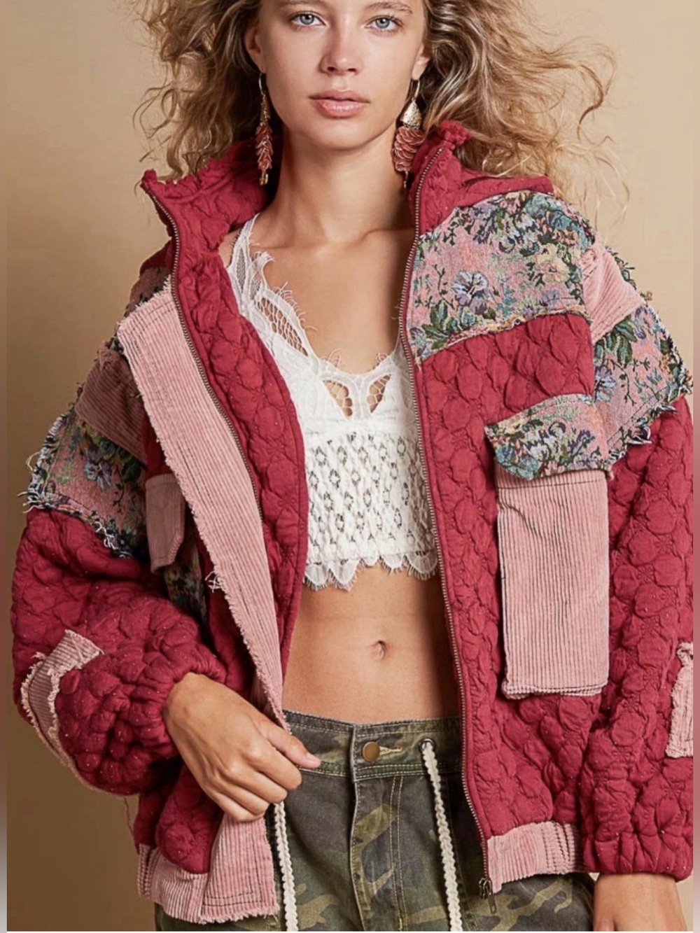 POL Boho Patchwork Quilted Hooded Bomber Jacket Size Small
